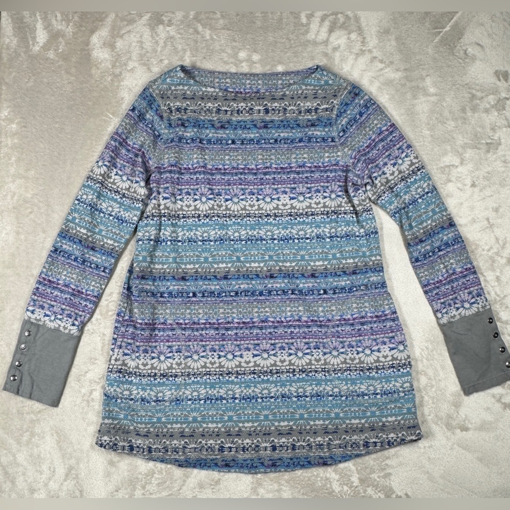 J.Jill Waffle Knit Floral Button Sleeve Stripe Grey Blue Purple Thermal Tunic XS
